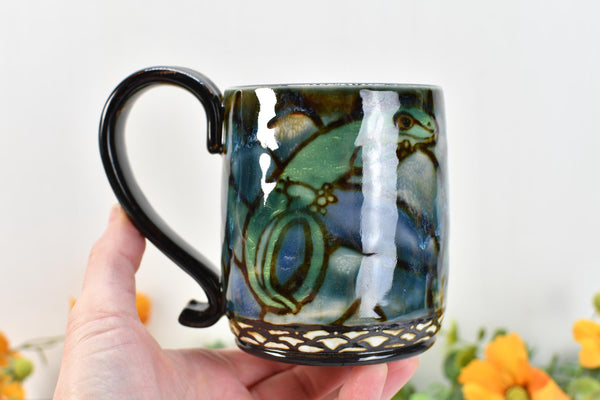 Gecko Lizard Mug Handmade Pottery Nature Lover Gift, Ceramic Coffee Cup, Stoneware Hand Painted in Blue, Green & Black, Ready to Ship