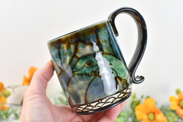Gecko Lizard Mug Handmade Pottery Nature Lover Gift, Ceramic Coffee Cup, Stoneware Hand Painted in Blue, Green & Black, Ready to Ship