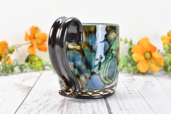 Gecko Lizard Mug Handmade Pottery Nature Lover Gift, Ceramic Coffee Cup, Stoneware Hand Painted in Blue, Green & Black, Ready to Ship
