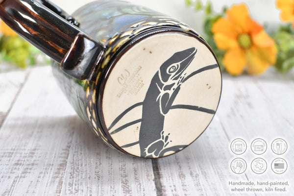 Gecko Lizard Mug Handmade Pottery Nature Lover Gift, Ceramic Coffee Cup, Stoneware Hand Painted in Blue, Green & Black, Ready to Ship