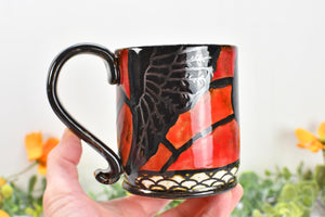 Raven Bird Handmade Pottery Mug Nature Lover Gift, Ceramic Coffee Cup, Stoneware Hand Painted in Red & Black Gothic Decor, Ready to Ship