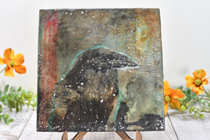 Raven Bird Original Encaustic Painting, Mixed Media Hand Painted Gift on Wood Cradle Board