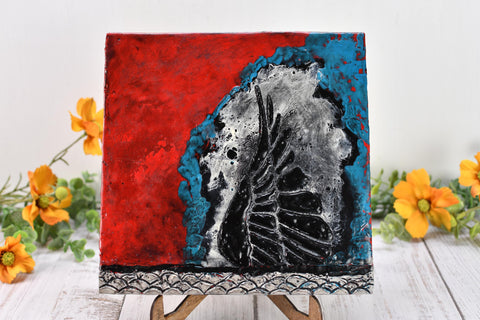 Bird Wing Original Encaustic Painting in Textured Red, Black, White, and Teal Blue, Hand Painted Gift on Wood Cradle Board