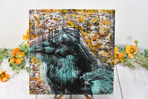 Raven Bird Original Encaustic Painting, Turquoise, Amber, and Black Mixed Media Hand Painted Gift on Wood Cradle Board