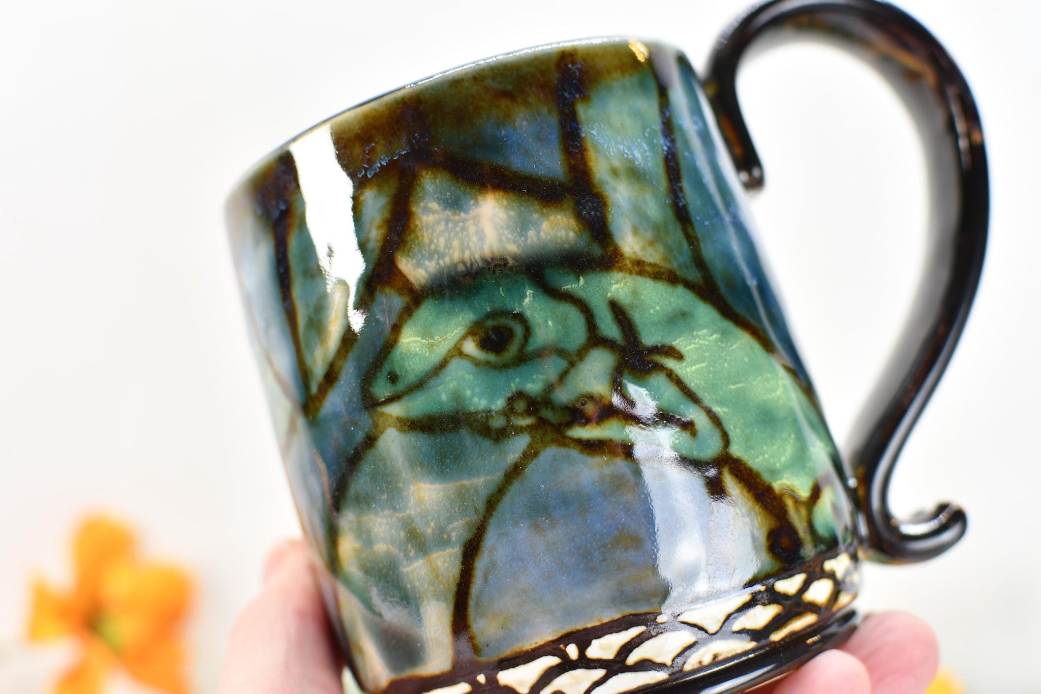 Gecko Lizard Mug Handmade Pottery Nature Lover Gift, Ceramic Coffee Cup, Stoneware Hand Painted in Blue, Green & Black, Ready to Ship