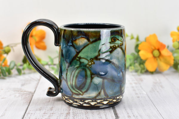 Gecko Lizard Mug Handmade Pottery Nature Lover Gift, Ceramic Coffee Cup, Stoneware Hand Painted in Blue, Green & Black, Ready to Ship