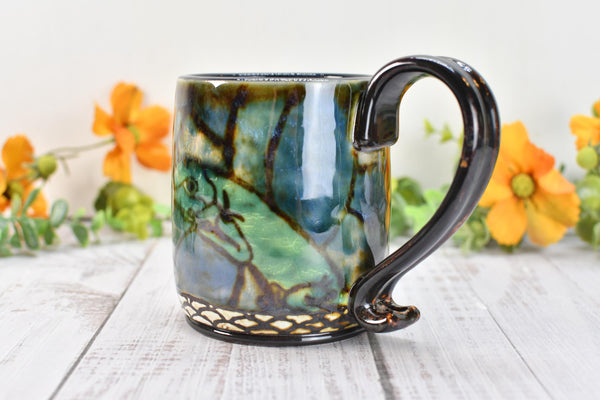 Gecko Lizard Mug Handmade Pottery Nature Lover Gift, Ceramic Coffee Cup, Stoneware Hand Painted in Blue, Green & Black, Ready to Ship