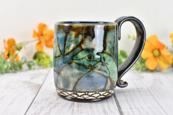 Gecko Lizard Mug Handmade Pottery Nature Lover Gift, Ceramic Coffee Cup, Stoneware Hand Painted in Blue, Green & Black, Ready to Ship