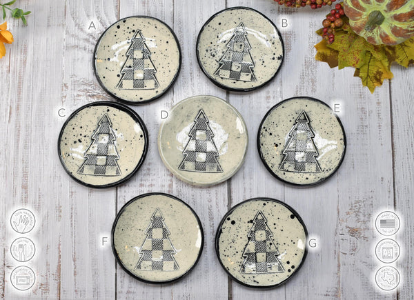 Christmas Tree Truck Ceramic Small Spoon Rest, Buffalo Plaid Xmas Jewelry Trinket Dish, Handmade Pottery Black, White, Blue, Green, Gray