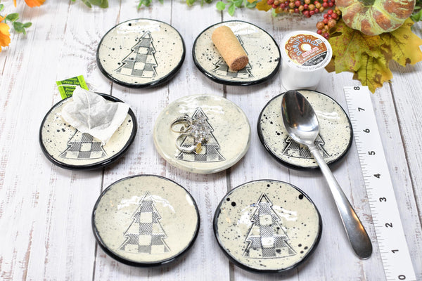 Christmas Tree Truck Ceramic Small Spoon Rest, Buffalo Plaid Xmas Jewelry Trinket Dish, Handmade Pottery Black, White, Blue, Green, Gray