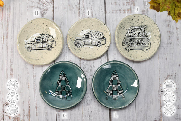 Christmas Tree Truck Ceramic Small Spoon Rest, Buffalo Plaid Xmas Jewelry Trinket Dish, Handmade Pottery Black, White, Blue, Green, Gray