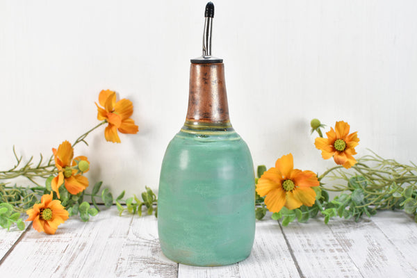 Ceramic Utensil Holder Crock for Kitchen Countertop, Pottery Organizer in Copper & Verdigris Green, Flower Pot or Housewarming Gift