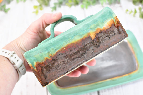 Handmade Ceramic Butter Dish with Lid, 2 piece Cover Stoneware Pottery for Countertop & Dining Table, Bronze Verdigris and Green Home Gift