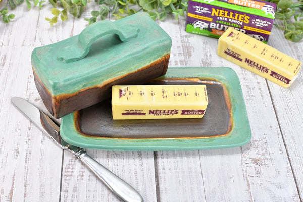 Handmade Ceramic Butter Dish with Lid, 2 piece Cover Stoneware Pottery for Countertop & Dining Table, Bronze Verdigris and Green Home Gift