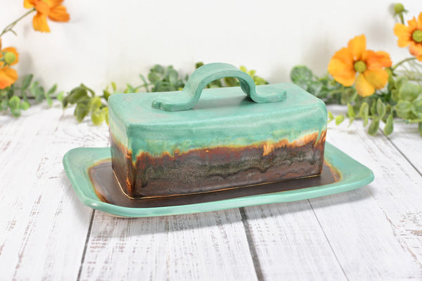 Handmade Ceramic Butter Dish with Lid, 2 piece Cover Stoneware Pottery for Countertop & Dining Table, Bronze Verdigris and Green Home Gift