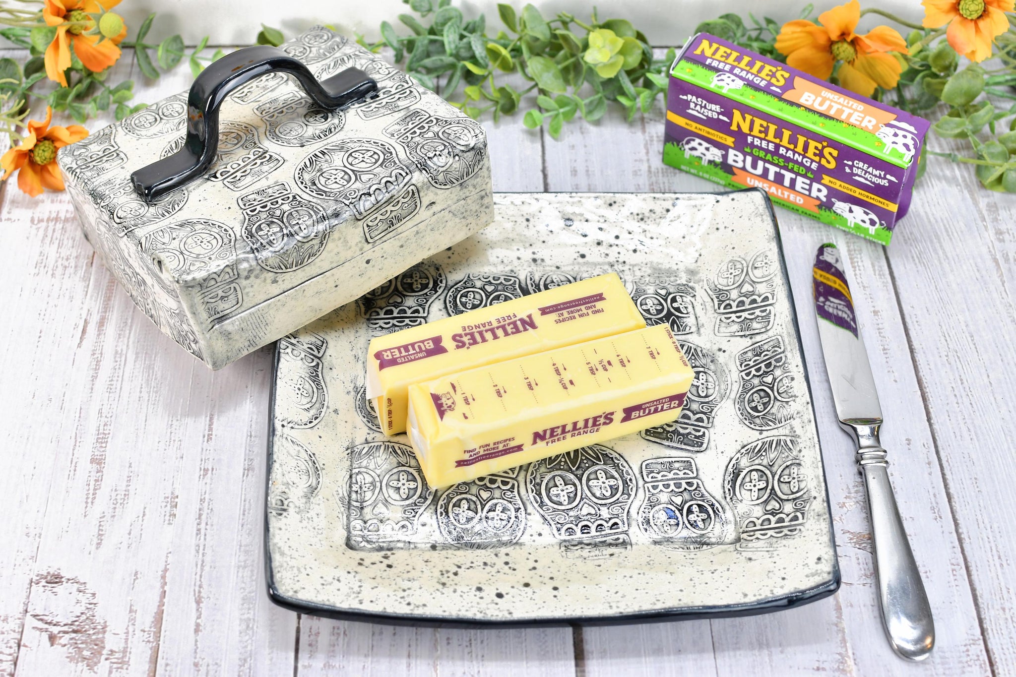 Handmade Ceramic Large Butter Dish with Lid, 2 piece Cover Stoneware Pottery for Countertop & Dining Table, Sugar Skull Black and White Gift