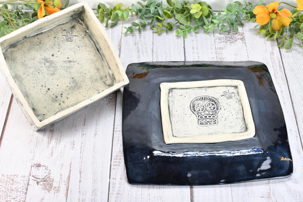 Handmade Ceramic Large Butter Dish with Lid, 2 piece Cover Stoneware Pottery for Countertop & Dining Table, Sugar Skull Black and White Gift