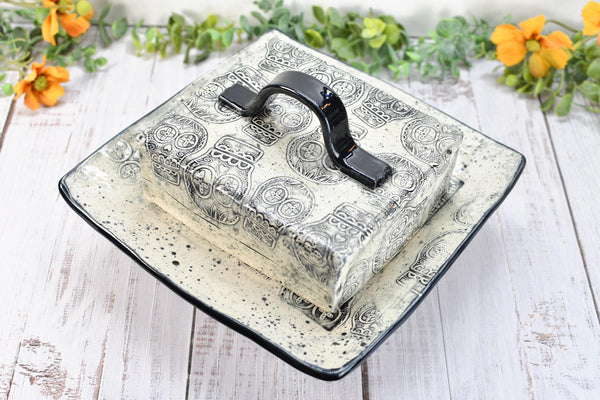 Handmade Ceramic Large Butter Dish with Lid, 2 piece Cover Stoneware Pottery for Countertop & Dining Table, Sugar Skull Black and White Gift