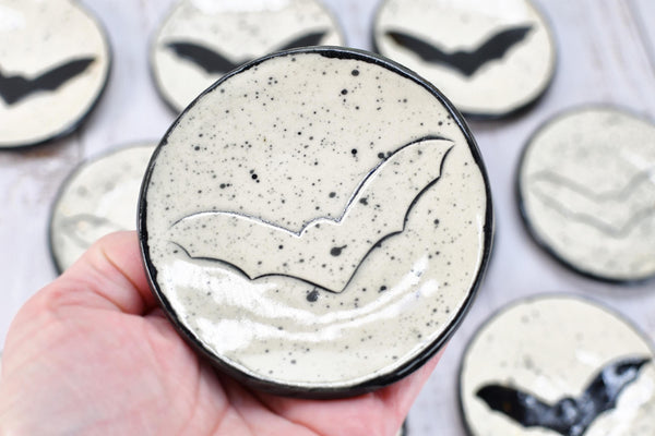 Bat Small Ceramic Coffee Spoon Rest, Handmade Stoneware Pottery Trinket Jewelry Dish, Halloween Black, White, Turquoise, Gray Gothic Decor