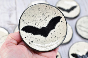 Bat Small Ceramic Coffee Spoon Rest, Handmade Stoneware Pottery Trinket Jewelry Dish, Halloween Black, White, Turquoise, Gray Gothic Decor