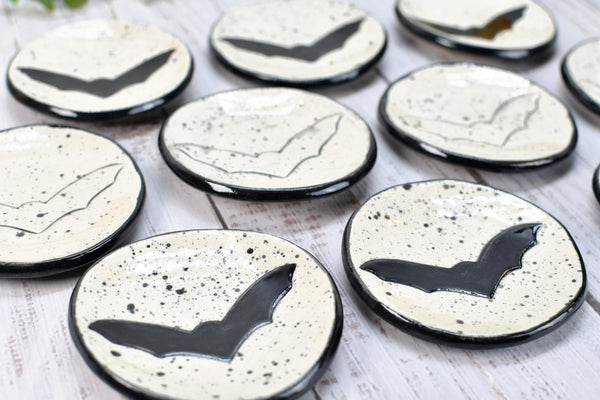 Bat Small Ceramic Coffee Spoon Rest, Handmade Stoneware Pottery Trinket Jewelry Dish, Halloween Black, White, Turquoise, Gray Gothic Decor