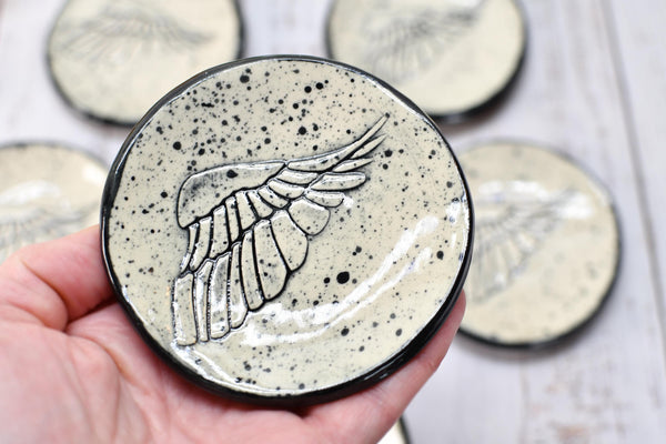 Angel Bird Wing Ceramic Small Coffee Spoon Rest, Jewelry Trinket Dish, Handmade Stoneware Pottery Hand Painted in Black and White