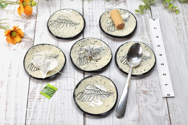 Angel Bird Wing Ceramic Small Coffee Spoon Rest, Jewelry Trinket Dish, Handmade Stoneware Pottery Hand Painted in Black and White