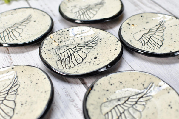 Angel Bird Wing Ceramic Small Coffee Spoon Rest, Jewelry Trinket Dish, Handmade Stoneware Pottery Hand Painted in Black and White