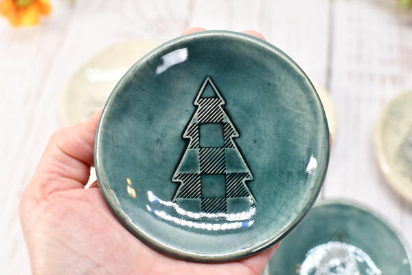 Christmas Tree Truck Ceramic Small Spoon Rest, Buffalo Plaid Xmas Jewelry Trinket Dish, Handmade Pottery Black, White, Blue, Green, Gray