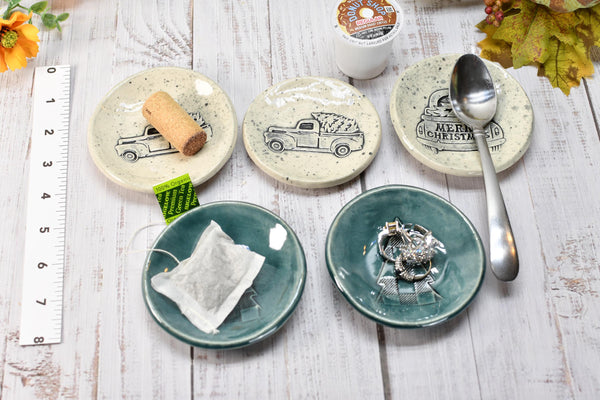 Christmas Tree Truck Ceramic Small Spoon Rest, Buffalo Plaid Xmas Jewelry Trinket Dish, Handmade Pottery Black, White, Blue, Green, Gray