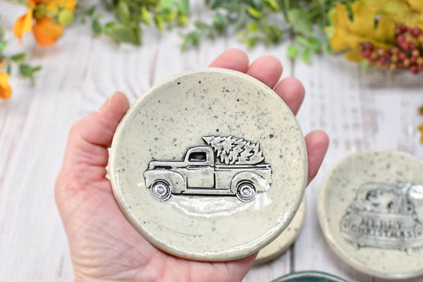 Christmas Tree Truck Ceramic Small Spoon Rest, Buffalo Plaid Xmas Jewelry Trinket Dish, Handmade Pottery Black, White, Blue, Green, Gray