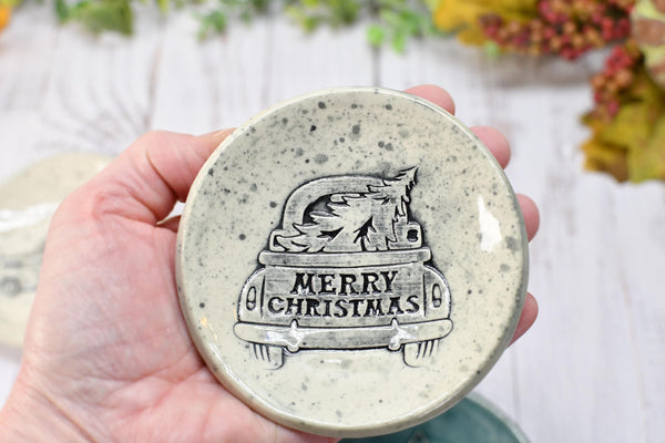 Christmas Tree Truck Ceramic Small Spoon Rest, Buffalo Plaid Xmas Jewelry Trinket Dish, Handmade Pottery Black, White, Blue, Green, Gray