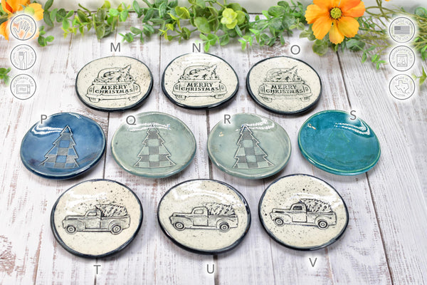 Christmas Tree Truck Ceramic Small Spoon Rest, Buffalo Plaid Xmas Jewelry Trinket Dish, Handmade Pottery Black, White, Blue, Green, Gray