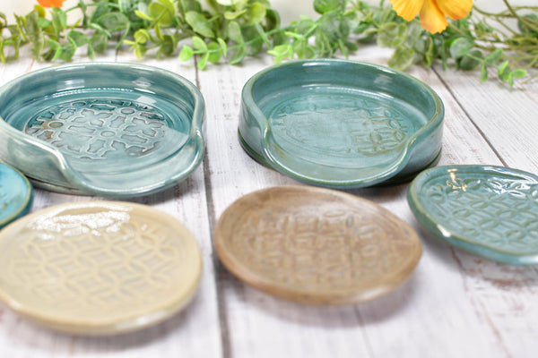 Moroccan Pattern Ceramic Spoon Rest, Turquoise Coffee Spoon Small, Large Handmade Stoneware Stovetop Pottery in Brown, Green - Gift for Her