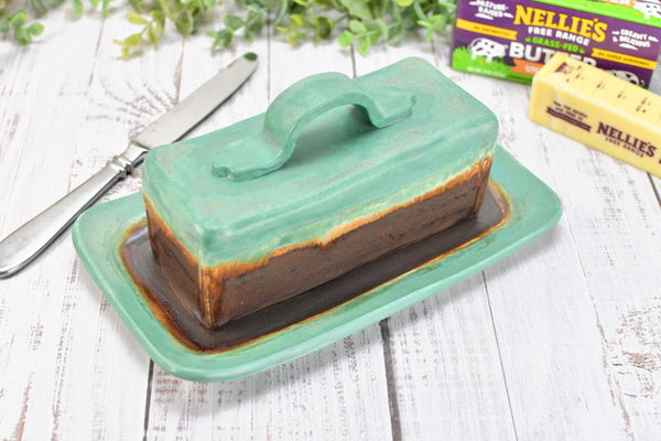 Handmade Ceramic Butter Dish with Lid, 2 piece Cover Stoneware Pottery for Countertop & Dining Table, Bronze Verdigris and Green Home Gift