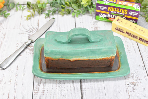 Handmade Ceramic Butter Dish with Lid, 2 piece Cover Stoneware Pottery for Countertop & Dining Table, Bronze Verdigris and Green Home Gift