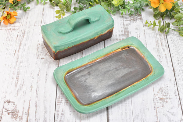 Handmade Ceramic Butter Dish with Lid, 2 piece Cover Stoneware Pottery for Countertop & Dining Table, Bronze Verdigris and Green Home Gift