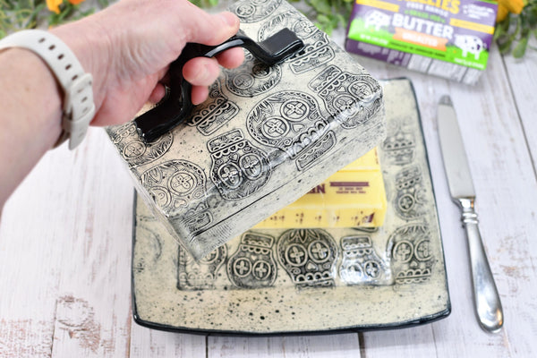 Handmade Ceramic Large Butter Dish with Lid, 2 piece Cover Stoneware Pottery for Countertop & Dining Table, Sugar Skull Black and White Gift