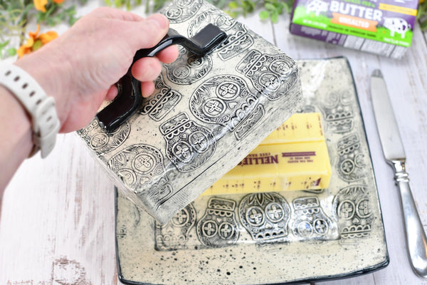 Handmade Ceramic Large Butter Dish with Lid, 2 piece Cover Stoneware Pottery for Countertop & Dining Table, Sugar Skull Black and White Gift