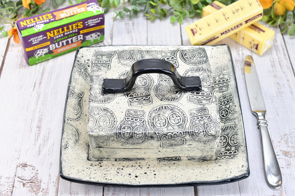 Handmade Ceramic Large Butter Dish with Lid, 2 piece Cover Stoneware Pottery for Countertop & Dining Table, Sugar Skull Black and White Gift