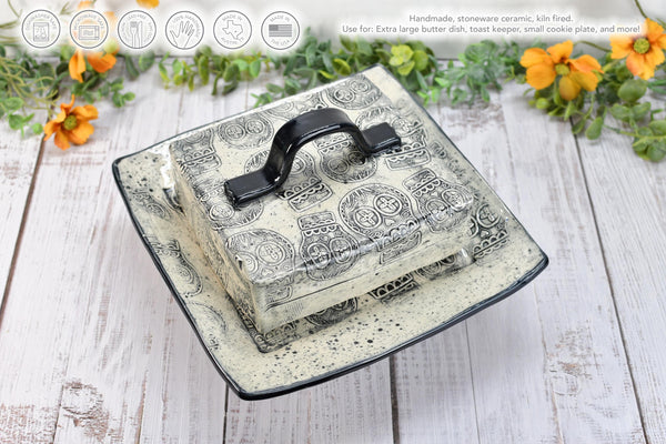 Handmade Ceramic Large Butter Dish with Lid, 2 piece Cover Stoneware Pottery for Countertop & Dining Table, Sugar Skull Black and White Gift