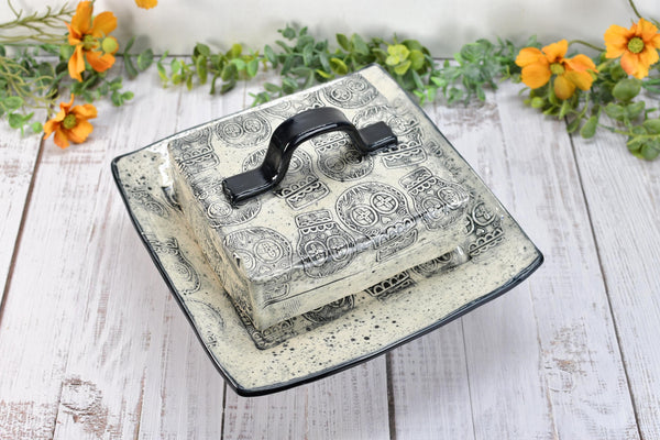 Handmade Ceramic Large Butter Dish with Lid, 2 piece Cover Stoneware Pottery for Countertop & Dining Table, Sugar Skull Black and White Gift