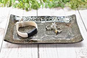 Sugar Skull Ceramic Dish, Handmade Stoneware Pottery for Countertop & Dining Gift, Copper and Black Rectangular Spoon Rest Plate
