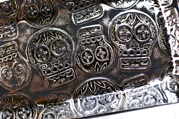 Sugar Skull Ceramic Dish, Handmade Stoneware Pottery for Countertop & Dining Gift, Copper and Black Rectangular Spoon Rest Plate