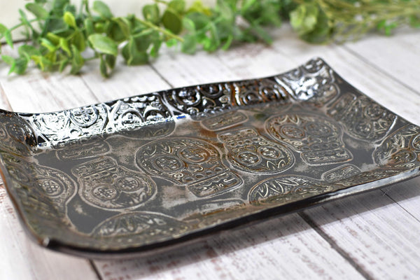 Sugar Skull Ceramic Dish, Handmade Stoneware Pottery for Countertop & Dining Gift, Copper and Black Rectangular Spoon Rest Plate