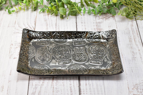 Sugar Skull Ceramic Dish, Handmade Stoneware Pottery for Countertop & Dining Gift, Copper and Black Rectangular Spoon Rest Plate