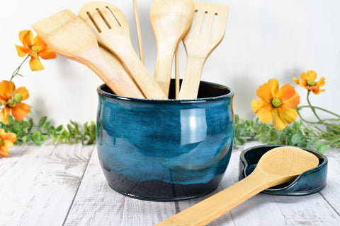 Ceramic Utensil Holder Crock for Kitchen Counter, Short Pottery Organizer in Black & Turquoise Blue | Cactus Flower Pot | Paint Brush Holder