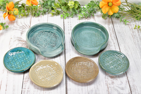 Moroccan Pattern Ceramic Spoon Rest, Turquoise Coffee Spoon Small, Large Handmade Stoneware Stovetop Pottery in Brown, Green - Gift for Her