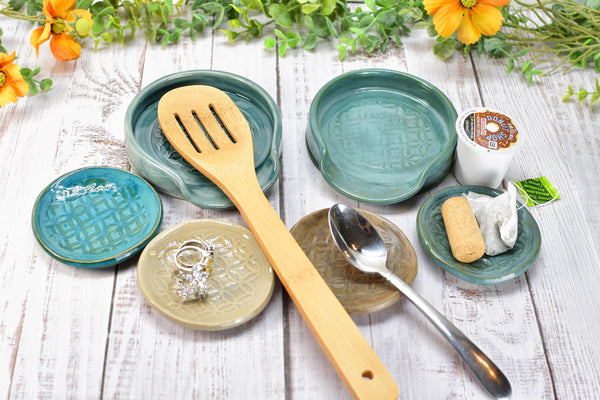 Moroccan Pattern Ceramic Spoon Rest, Turquoise Coffee Spoon Small, Large Handmade Stoneware Stovetop Pottery in Brown, Green - Gift for Her