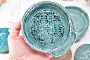 Moroccan Pattern Ceramic Spoon Rest, Turquoise Coffee Spoon Small, Large Handmade Stoneware Stovetop Pottery in Brown, Green - Gift for Her
